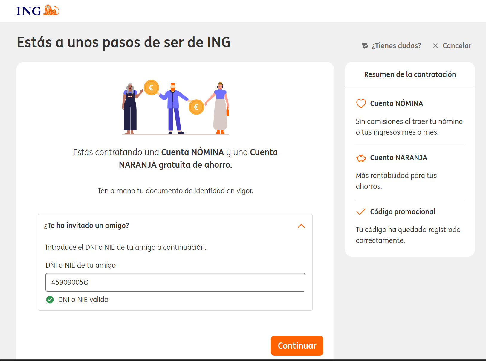 Dónde introducir el código amigo de ING antes del alta